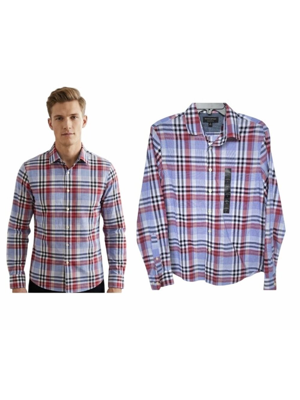 Banana Republic Men Shirt Sz S Casual Slim Fit Plaid Cotton Button Down Red Blue